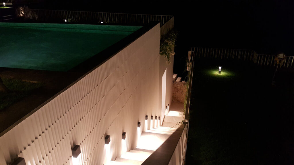 bali villa staircase at night