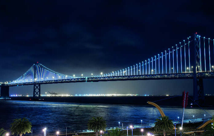 bay bridge view at night illuminated by digital art installation interact landmark software intro